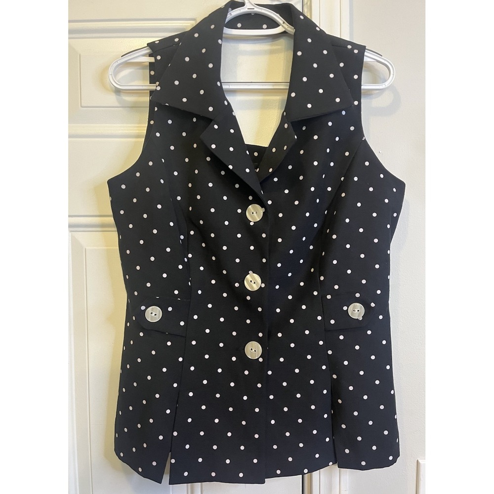 Vintage 90s Virgo Polka Dot Halter Vest Top Size 10 Black White Pin-up Waistcoat